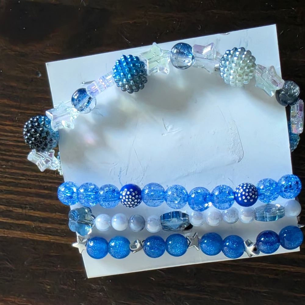Blue Iridescent Beaded Stretch Bracelet Set 4pc Celestial Star Accents Y2K Style